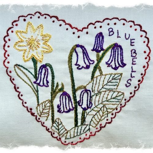 Flower stitchery heart panel- Bluebells