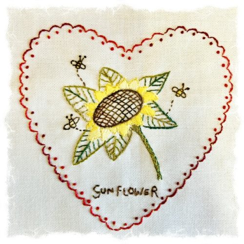 Flower stitchery heart panel- Sunflower