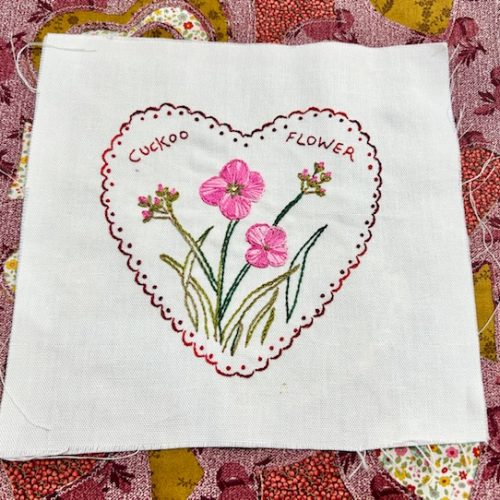 Flower stitchery heart panel- cuckoo flower