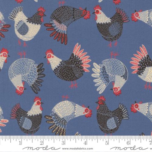 The Henhouse fabric- blue chickens